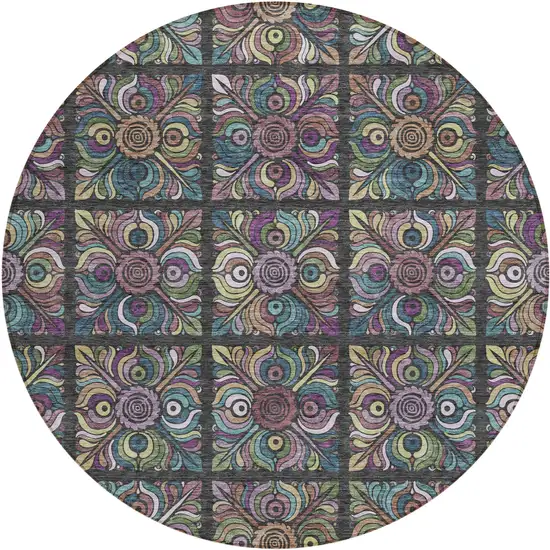 8' Black Purple And Teal Blue Round Medallion Washable Indoor Outdoor Area Rug Photo 2