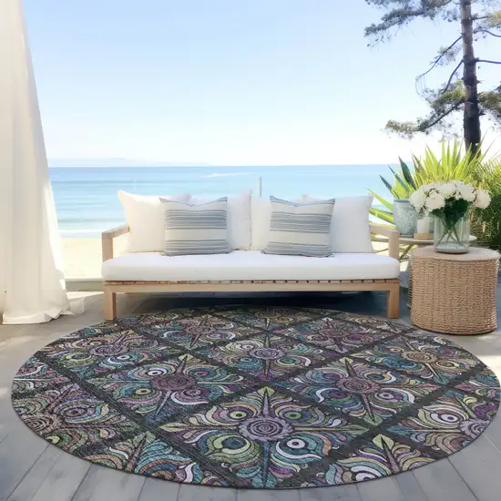 8' Black Purple And Teal Blue Round Medallion Washable Indoor Outdoor Area Rug Photo 7