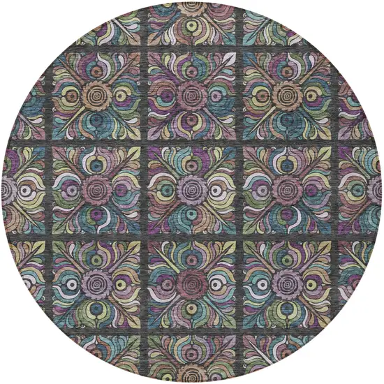 8' Black Purple And Teal Blue Round Medallion Washable Indoor Outdoor Area Rug Photo 6