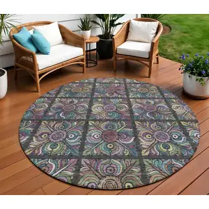 Photo of 8' Black Purple And Teal Blue Round Medallion Washable Indoor Outdoor Area Rug