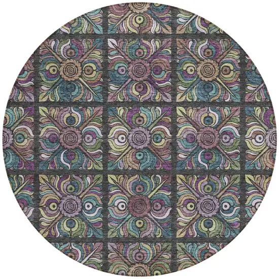 8' Black Purple And Teal Blue Round Medallion Washable Indoor Outdoor Area Rug Photo 5