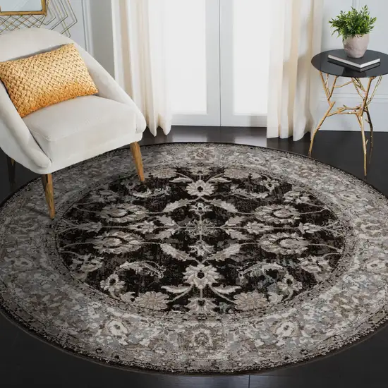 6' Black Round Floral Power Loom Area Rug Photo 5