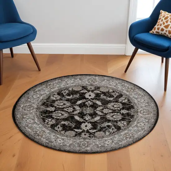 6' Ivory Black and Gray Floral Power Loom Round Rug Photo 1