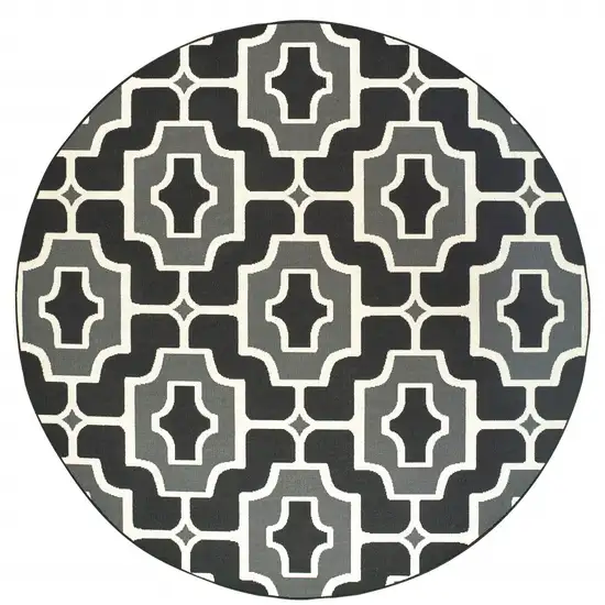 8' Black Round Geometric Stain Resistant Indoor Outdoor Area Rug Photo 2