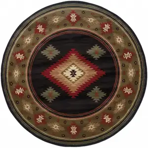 Photo of 8' Black Round Southwestern Power Loom Stain Resistant Area Rug