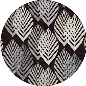 Photo of 8' Black Silver And Charcoal Round Floral Washable Indoor Outdoor Area Rug