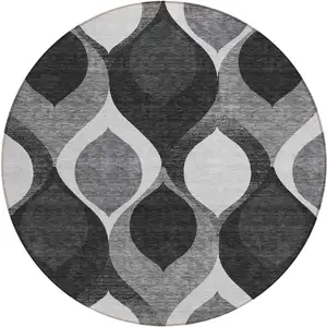 Photo of 8' Black Silver And Charcoal Round Ogee Washable Indoor Outdoor Area Rug