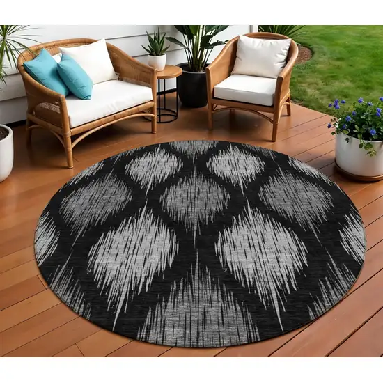 8' Black Silver And Gray Round Ikat Washable Indoor Outdoor Area Rug Photo 1