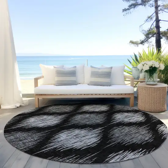 8' Black Silver And Gray Round Ikat Washable Indoor Outdoor Area Rug Photo 6