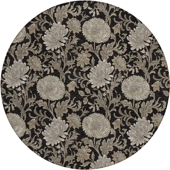 8' Black Taupe And Beige Round Floral Washable Indoor Outdoor Area Rug Photo 2