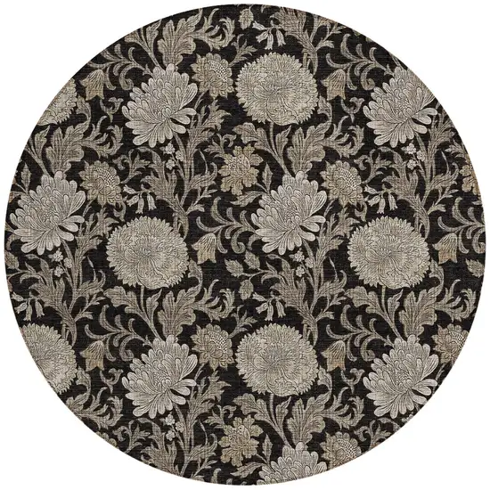 8' Black Taupe And Beige Round Floral Washable Indoor Outdoor Area Rug Photo 6