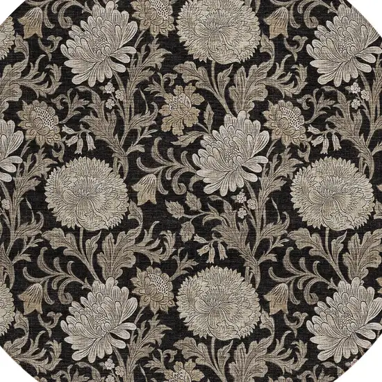 8' Black Taupe And Beige Round Floral Washable Indoor Outdoor Area Rug Photo 5