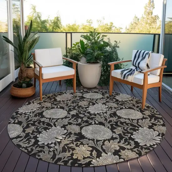 8' Black Taupe And Beige Round Floral Washable Indoor Outdoor Area Rug Photo 7