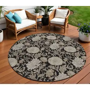 Photo of 8' Black Taupe And Beige Round Floral Washable Indoor Outdoor Area Rug