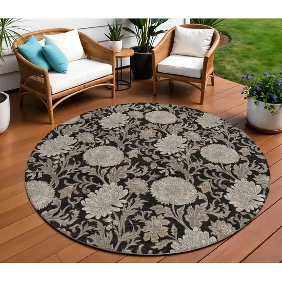 8' Black Taupe And Beige Round Floral Washable Indoor Outdoor Area Rug Photo 1