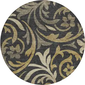 Photo of 8' Black Taupe And Gold Round Floral Washable Indoor Outdoor Area Rug