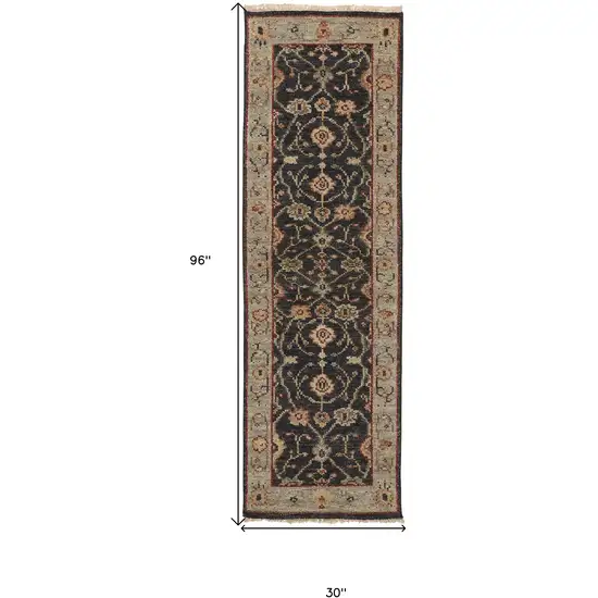 8' Black and Gold Oriental Hand Knotted Runner Rug With Fringe Photo 3