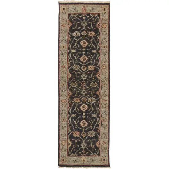 8' Black and Gold Oriental Hand Knotted Runner Rug With Fringe Photo 2