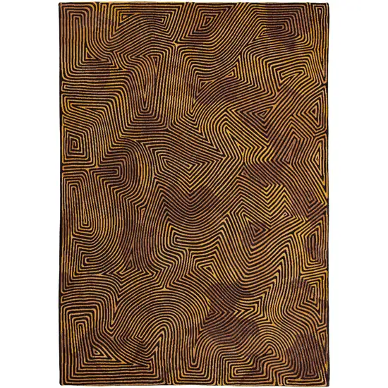 8' Black and Gold Round Abstract Non Skid Area Rug Photo 4