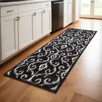 Photo of 8' Black and Ivory Damask Power Loom Runner Rug