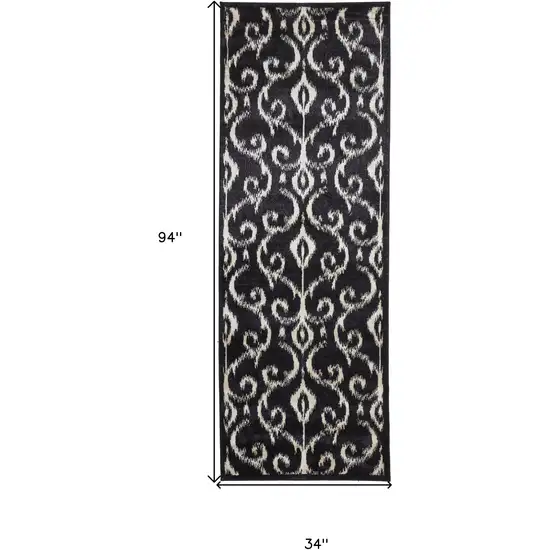 8' Black and Ivory Damask Power Loom Runner Rug Photo 3