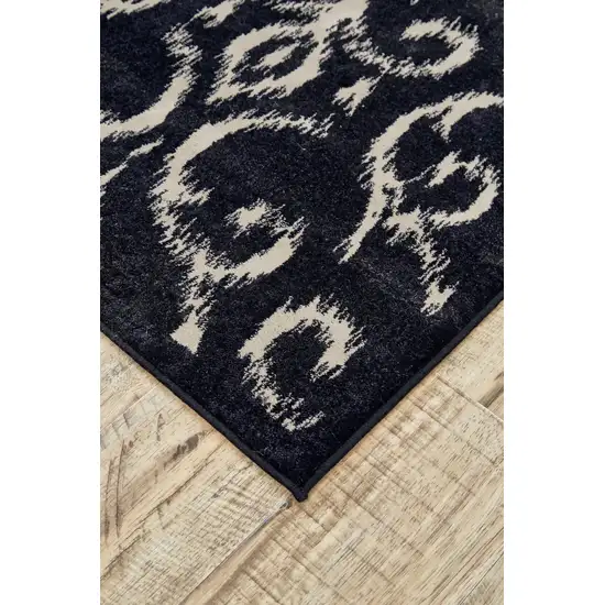 8' Black and Ivory Damask Power Loom Runner Rug Photo 5