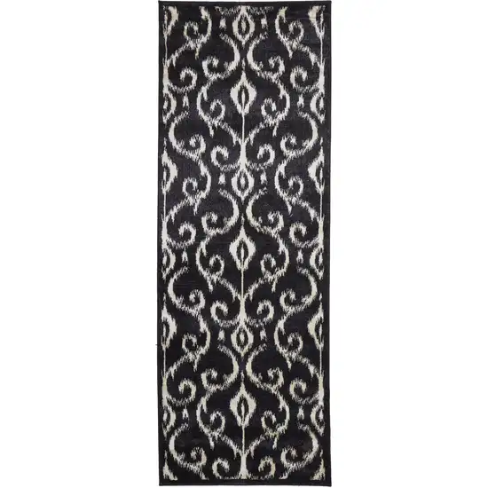 8' Black and Ivory Damask Power Loom Runner Rug Photo 2