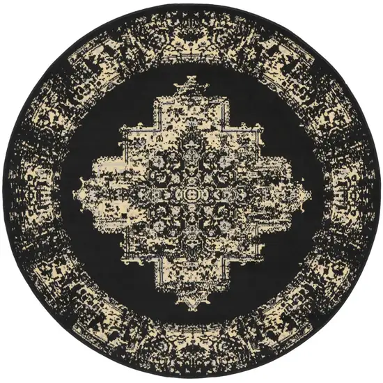 4' Black and Tan Medallion Distressed Non Skid Round Rug Photo 4