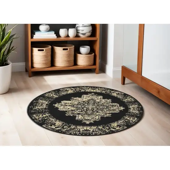 4' Black and Tan Medallion Distressed Non Skid Round Rug Photo 1