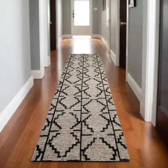 8' Black and Taupe Geometric Hand Tufted Runner Rug Photo 1