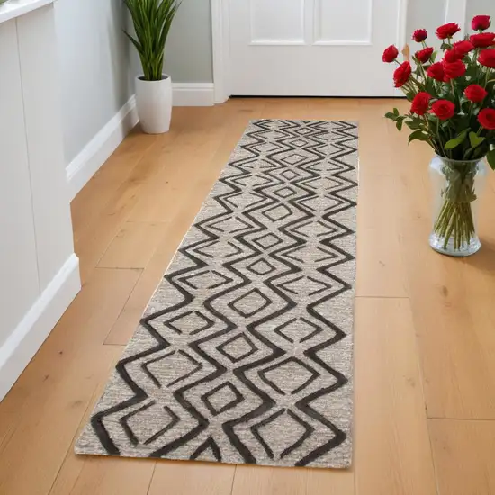 8' Black and Taupe Geometric Hand Tufted Runner Rug Photo 1