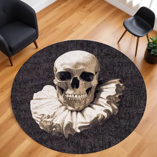 8' Black and White Round Funky Skull Non Skid Area Rug Photo 1