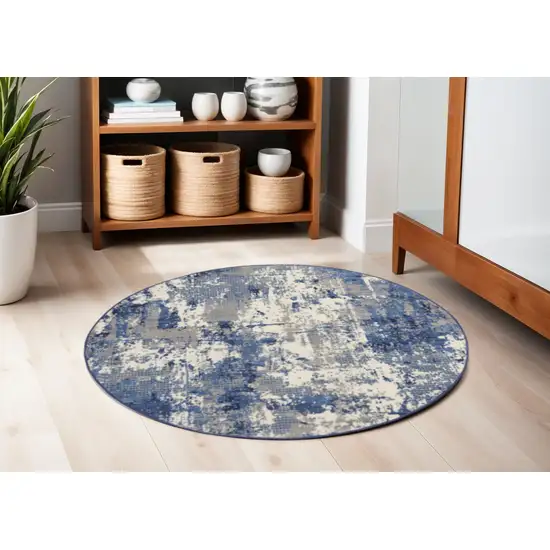 4' Blue Abstract Power Loom Round Rug Photo 1