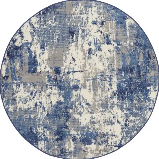 4' Blue Abstract Power Loom Round Rug Photo 4