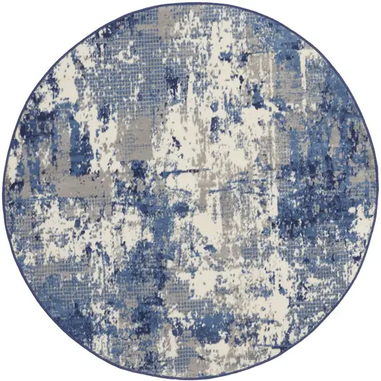 4' Blue Abstract Power Loom Round Rug Photo 2