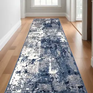 Photo of 10' Blue Abstract Power Loom Runner Rug