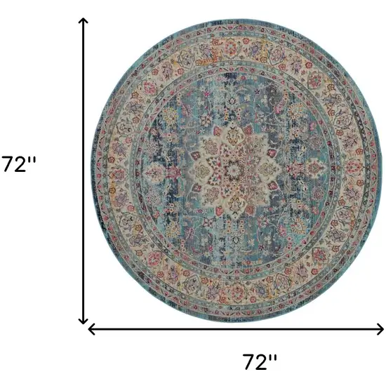 6' Blue And Beige Floral Distressed Round Rug Photo 3