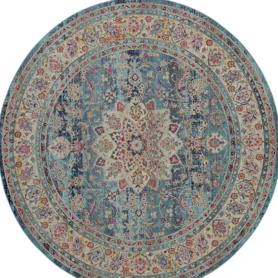 6' Blue And Beige Floral Distressed Round Rug Photo 9