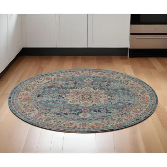 6' Blue And Beige Floral Distressed Round Rug Photo 1