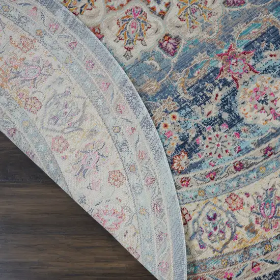 6' Blue And Beige Floral Distressed Round Rug Photo 6