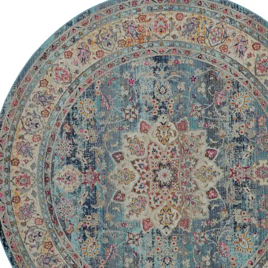 6' Blue And Beige Floral Distressed Round Rug Photo 8