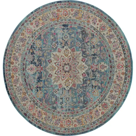 6' Blue And Beige Floral Distressed Round Rug Photo 2