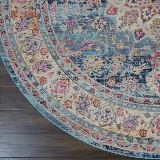 6' Blue And Beige Floral Distressed Round Rug Photo 4