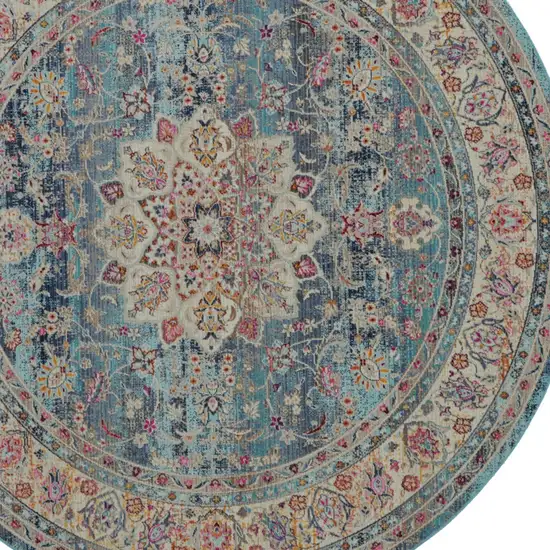 4' Blue And Beige Floral Distressed Round Rug Photo 8