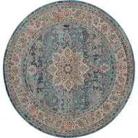 Photo of 4' Blue And Beige Floral Distressed Round Rug