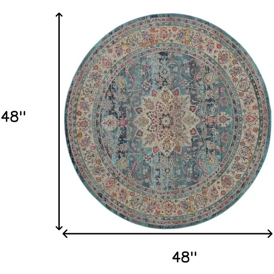 4' Blue And Beige Floral Distressed Round Rug Photo 3