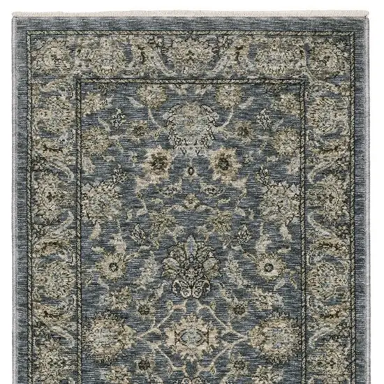 8' Blue And Beige Oriental Runner Rug With Fringe Photo 4