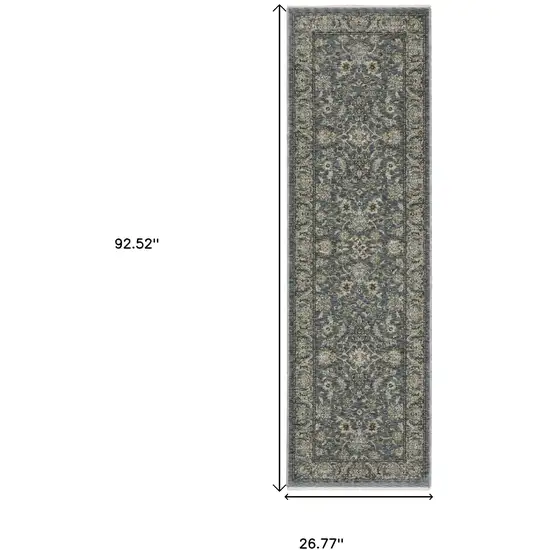 8' Blue And Beige Oriental Runner Rug With Fringe Photo 3