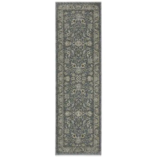 8' Blue And Beige Oriental Runner Rug With Fringe Photo 2