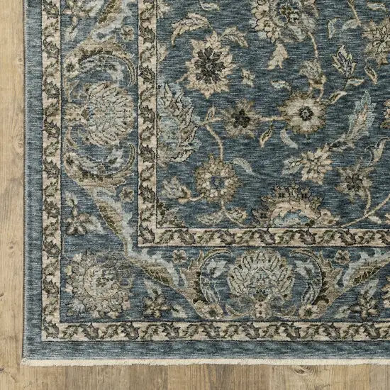 8' Blue And Beige Oriental Runner Rug With Fringe Photo 6